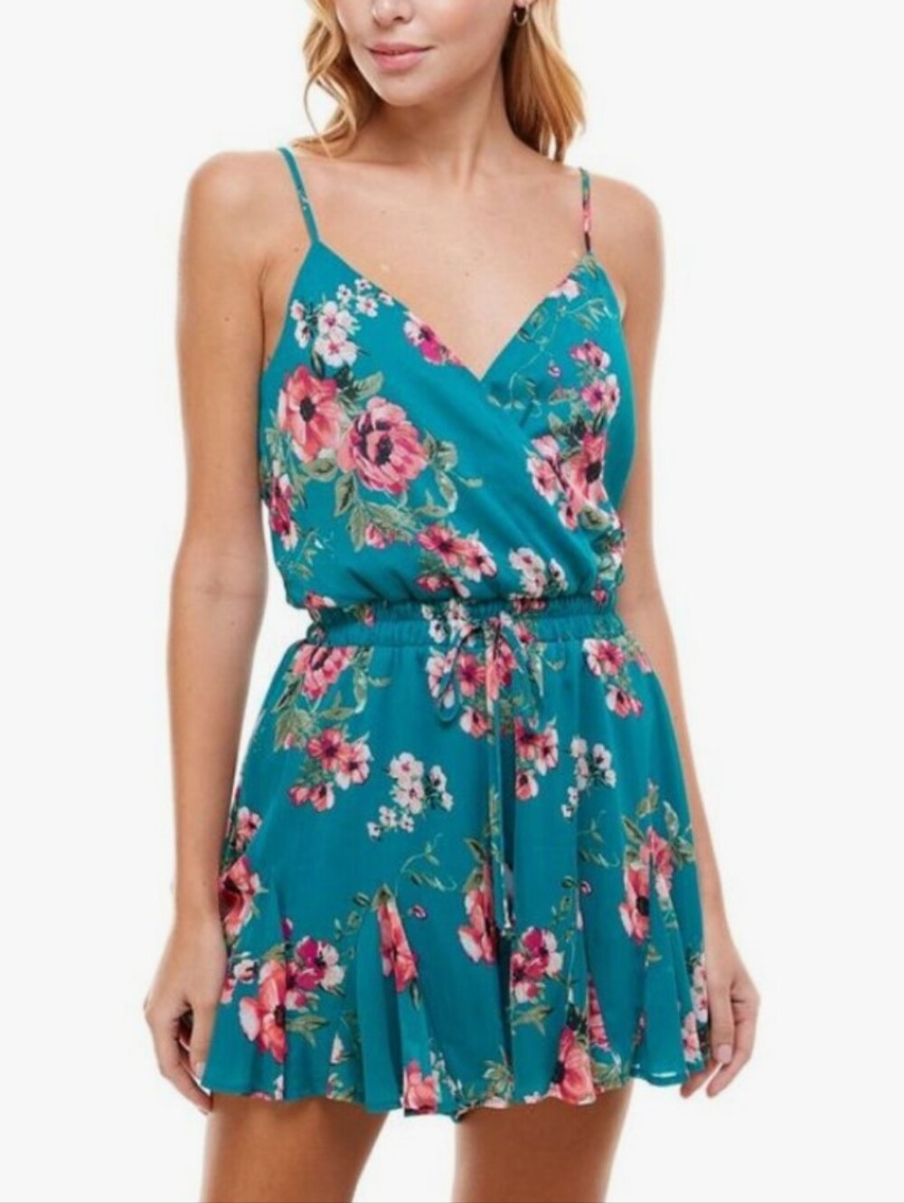 Trixxi Teal Floral Spaghetti-Strap Romper with Drawstring Waist